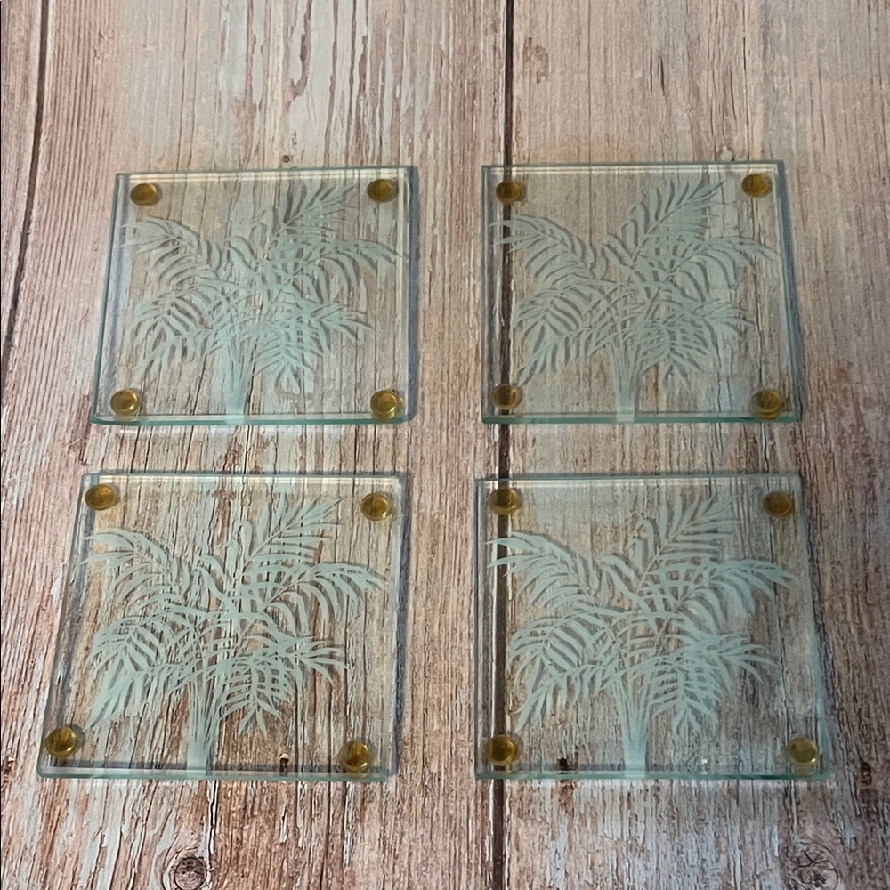 Vintage Frosted Etched Glass Palm Tree Coasters - Set of 4